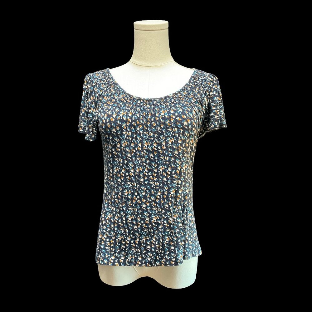 Navy/Brown Abstract Print Short Sleeve Peasant Top
